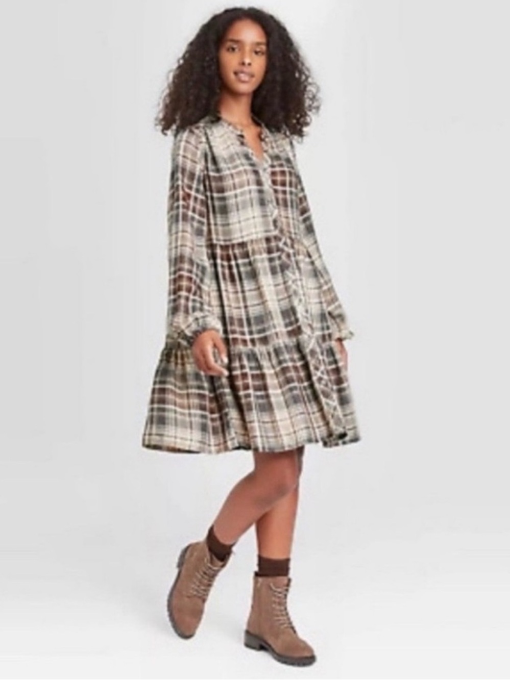 Knox Rose Plaid Long-Sleeve Tiered Mini Dress X-SMALL - Picture 13 of 14